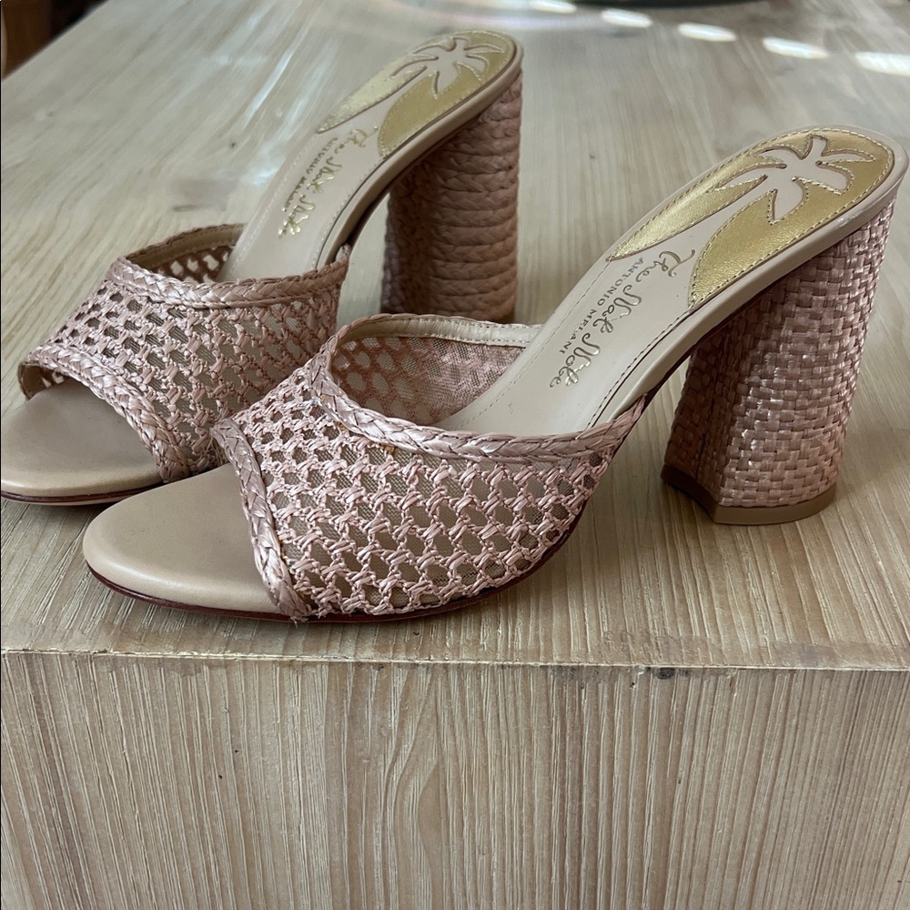 The Nat Note natural tan rafia espadrille Woven Heeled Mule sandals chunky heel - Picture 3 of 8